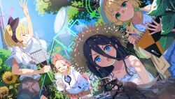 4girls animal_ear_headphones animal_ears aqua_halo aris_(blue_archive) black_hair blonde_hair blue_archive blue_eyes blue_shirt blush brown_jacket bug butterfly_net camisole cat_ear_headphones closed_eyes commentary_request fake_animal_ears frilled_shirt frills game_development_department_(blue_archive) green_eyes green_halo hair_between_eyes halo hand_fan hand_net hat headphones highres holding holding_fan jacket long_hair long_hair_between_eyes midori_(blue_archive) momoi_(blue_archive) multiple_girls open_mouth outdoors pink_halo rectangular_halo red_hair red_skirt rhinoceros_beetle sakatsuki_yakumo shirt shorts siblings sisters skirt sky smile stag_beetle straw_hat summer t-shirt tree twins white_jacket yuzu_(blue_archive)