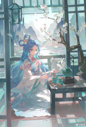 1girl absurdres animal blue_hair cat chinese_clothes closed_mouth cup dress flower green_eyes hair_ornament hair_rings hanfu highres holding kettle long_hair long_sleeves original seiza shu_bing sitting smile solo tea teacup teapot very_long_hair white_dress wide_sleeves