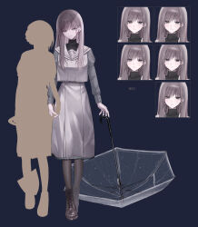 1girl 1other absurdres black_boots black_pantyhose black_sweater blue_background boots brown_hair closed_mouth commentary grey_eyes highres holding holding_hands holding_shovel kumo_tabetai long_hair long_skirt looking_at_viewer multiple_faces open_mouth original pantyhose parted_lips purple_shirt purple_skirt sailor_collar shirt shovel silhouette simple_background skirt smile sweater teeth turtleneck turtleneck_sweater umbrella