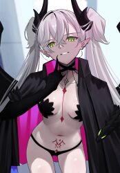 Rule 34 | 1girl, absurdres, black hands, black jacket, black panties, breasts, colored extremities, fate/grand order, fate (series), green eyes, highres, horns, jacket, lilith (fate), lilith (second ascension) (fate), long hair, longdq3008, looking at viewer, navel, panties, pointy ears, pubic tattoo, shirt, smile, solo, tattoo, twintails, underwear, white shirt