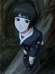 Rule 34 | 1girl, black eyes, black hair, female focus, forehead protector, from above, full body, looking up, naruto (classic), naruto (series), nature, outdoors, plant, shizune (naruto), short hair, smile, solo, tk (tk&#039;s level4), tree