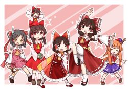 6+girls :3 :d ascot benikurage_(cookie) black_footwear black_hair bloomers blush boots bow brown_eyes brown_footwear brown_hair brown_horns closed_eyes collared_shirt commentary_request cookie_(touhou) cup detached_sleeves dress fang fighting_stance frilled_bow frilled_hair_tubes frilled_shirt_collar frilled_skirt frills full_body hair_bow hair_tubes hakurei_reimu holding holding_cup holding_wand horns ibuki_suika kanna_(cookie) long_hair looking_at_viewer medium_hair middle_finger mini_person minigirl multiple_girls nekocookie114 open_mouth orange_hair orange_scarf pink_scarf pink_shirt pink_skirt purple_skirt red_bow red_dress red_eyes red_shirt red_skirt reu_(cookie) ribbon-trimmed_sleeves ribbon_trim sakenomi_(cookie) sananana_(cookie) scarf shirt shoes short_hair sidelocks skirt skirt_set sleeveless sleeveless_dress sleeveless_shirt smile socks star_(symbol) striped_clothes striped_scarf sweatdrop touhou underwear wand white_bloomers white_footwear white_sleeves white_socks wide_sleeves yamin_(cookie) yellow_ascot yellow_eyes yin_yang yunomi