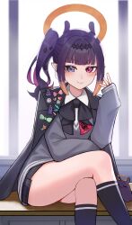 1girl black_coat black_ribbon black_skirt black_socks blunt_bangs blurry blurry_background buttons chrispy_tuna closed_mouth coat collared_shirt colored_inner_hair commentary crossed_legs desk double-breasted gradient_hair grey_eyes grey_sweater halo hand_up heterochromia highres hololive hololive_english indoors kneehighs lapel_pin looking_at_viewer medium_hair miniskirt mole mole_under_eye multicolored_hair neck_ribbon ninomae_ina&#039;nis ninomae_ina&#039;nis_(school_uniform) official_alternate_costume official_alternate_hairstyle on_desk orange_hair pink_hair plaid_clothes plaid_skirt pleated_skirt pointy_ears purple_eyes ribbon school_desk school_uniform shirt side_ponytail sidelocks sitting skirt smile socks solo sweater takodachi_(ninomae_ina&#039;nis) tentacle_hair v-neck virtual_youtuber white_shirt