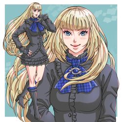 Rule 34 | 1girl, blonde hair, blue eyes, blush, boots, breasts, chaiko1000, emilie de rochefort, fingerless gloves, gloves, highres, large breasts, lips, long hair, long sleeves, looking at viewer, skirt, tekken