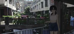 1girl blue_shorts can crop_top day drink_can grey_eyes highres holding holding_can looking_at_viewer low_twintails midriff original orval plant potted_plant railing scenery shorts sign solo standing suzuki_(company) twintails