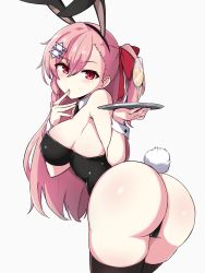 1girl animal_ears ass bare_shoulders black_thighhighs blush bow braid breasts detached_collar fake_animal_ears fake_tail female_focus from_behind girls&#039;_frontline hair_between_eyes hair_ornament hair_ribbon hairclip hexagram holding holding_tray huge_ass kumasteam large_breasts leotard long_hair looking_at_viewer looking_back negev_(girls&#039;_frontline) one_side_up pink_hair playboy_bunny rabbit_ears rabbit_tail red_bow red_eyes ribbon simple_background solo star_of_david tail thick_thighs thighhighs thighs tray wide_hips wrist_cuffs