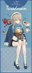 1girl 2023 :3 \||/ absurdres akakura artist_name bag bird black_shoes black_shorts blue_jacket box box_of_chocolates braid brown_hair character_name chocolate closed_mouth color_guide commentary_request cookie copyright_name copyright_notice cup food frilled_socks frills full_body green_eyes hat highres jacket long_sleeves looking_at_viewer mary_janes official_art open_clothes open_jacket own_hands_together penguin ribbon sanrio school_bag shirt shoes shorts sidelocks socks solo stuffed_toy thighs tuxedo_sam white_hat white_socks