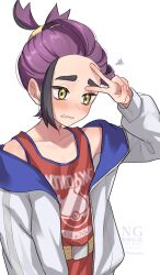1boy black_hair blush enudesuga highres jacket kieran_(pokemon) long_sleeves male_focus nintendo open_clothes open_jacket pokemon pokemon_sv purple_hair red_tank_top simple_background solo squiggle tank_top thick_eyebrows twitter_username upper_body v white_background white_jacket yellow_eyes score:0 rating:general Rule 34 | 1boy, black hair, blush, enudesuga, highres, jacket, kieran (pokemon), long sleeves, male focus, nintendo, open clothes, open jacket, pokemon, pokemon sv, purple hair, red tank top, simple background, solo, squiggle, tank top, thick eyebrows, twitter username, upper body, v, white background, white jacket, yellow eyes