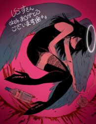 Rule 34 | 1girl, angel, ashtray, black dress, black hair, black thighhighs, blood, blood stain, boots, bottle, cigarette, creampuffmurder, dress, from above, full body, grey wings, high heel boots, high heels, highres, holding, holding cigarette, lace, lace-trimmed dress, lace-trimmed thighhighs, lace trim, long hair, original, short dress, thighhighs, wings