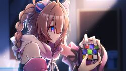1girl ahoge bare_shoulders braid detached_sleeves expressionless from_side genderswap genderswap_(mtf) hair_intakes highres meisho_tabaru_(racehorse) original personification purple_eyes rubik&#039;s_cube ruisuke solo umamusume upper_body
