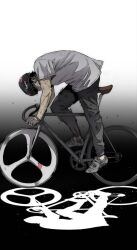 1boy bicycle black_hair black_pants grey_eyes highres jo_ja-hyun long_hair looking_down mullet pants shadow shirt shoes solo white_shirt wind_breaker