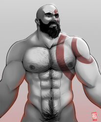 1boy 2017 bara beard body_hair bodypaint broad_shoulders chest_hair doctor_anfelo facepaint facial_hair god_of_war highres kratos_(god_of_war) male_focus mature_male muscular muscular_male navel_hair nipples non-web_source pale_skin pectorals scar scar_across_eye scar_on_face serious