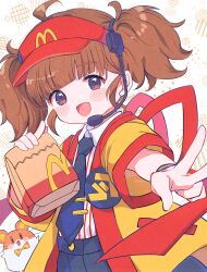 1girl :d ahoge badge bag black_necktie black_pants blush bow bowtie brown_hair button_badge collared_shirt foreshortening hamster happi hat headset highres holding holding_bag imadake_dabuchi_tabemi imadake_dabuchi_tabesuke japanese_clothes looking_at_viewer marekamico mcdonald&#039;s necktie open_happi open_mouth pants paper_bag pinstripe_pattern pinstripe_shirt purple_eyes red_hat shirt shirt_tucked_in smile tie_clip twintails v visor_cap webp-to-png_conversion