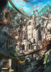 Rule 34 | absurdres, balcony, blue sky, bridge, building, city, cityscape, cliff, day, door, fantasy, flag, foliage, highres, industrial pipe, lantern, mineshaft, mountainous horizon, murakoyafactory, no humans, original, outdoors, red flag, road sign, rope fence, scenery, shadow, sign, sky, smoke, windmill, window, wooden bridge