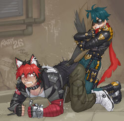 Rule 34 | 2boys, all fours, animal ears, artist name, black jacket, blush, bulge, clenched teeth, commentary request, dated, dog boy, dog ears, dog tail, earrings, hugging tail, jacket, jewelry, komano manato, leather, leather jacket, lighter (zenless zone zero), looking at another, male focus, multicolored hair, multiple boys, necklace, paid reward available, radx26, red scarf, scar, scar across eye, scar on face, scarf, suggestive fluid, sunglasses, tail, teeth, yaoi, zenless zone zero