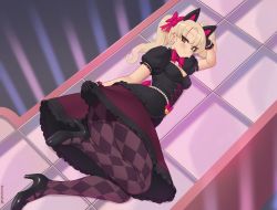 1girl animal_ears argyle_clothes argyle_pantyhose artist_name ass belly_chain black_cat_d.va black_dress black_gloves black_shoes blonde_hair bow bracelet breasts brown_eyes brown_pantyhose cat_ears clothes_lift d.va_(overwatch) dress dress_lift earrings fake_animal_ears female_focus full_body gem gloves gothic_lolita hair_bow heart high_heels jewelry kuroonehalf legs lifting_own_clothes lolita_fashion long_hair looking_at_viewer lying medium_breasts naughty_face official_alternate_costume on_side overwatch overwatch_1 pantyhose parted_bangs pearl_(gemstone) pearl_bracelet pink_bow puffy_short_sleeves puffy_sleeves shoes short_sleeves smile solo twintails