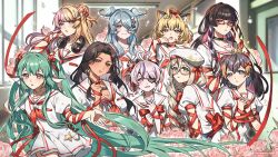 6+girls :o absurdly_long_hair adjusting_eyewear ahoge aia_amare animal_ear_fluff animal_ears aqua_eyes aqua_hair artist_name beret black_hair blue_eyes blue_hair blush bow braid breasts cat_ears cleavage commentary cross-shaped_pupils earrings elira_pendora english_commentary eyewear_strap falling_petals fang finana_ryugu fins flower glasses hair_between_eyes hair_bow hair_bun hair_ornament hair_over_one_eye hairclip hallway hat head_fins head_wings headphones headphones_around_neck heart heart_ahoge highres himitsu_no_houkago_(vocaloid) jewelry kotoka_torahime large_breasts lightning_bolt lightning_bolt_hair_ornament lightning_bolt_symbol long_hair looking_at_viewer low_twin_braids maria_marionette medium_breasts medium_hair meloco_kyoran millie_parfait mole mole_on_breast mole_under_eye multicolored_hair multiple_girls nijisanji nijisanji_en papercider parted_lips petals petra_gurin pink_eyes pink_flower pink_hair pink_rose puffy_short_sleeves puffy_sleeves purple_eyes purple_hair red_eyes red_ribbon ribbon rose scales scarle_yonaguni school_uniform semi-rimless_eyewear short_sleeves side_ponytail small_breasts smile streaked_hair symbol-shaped_pupils twin_braids twitter_username very_long_hair virtual_youtuber wings wrapped_up