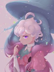 1boy 1girl ahoge artist_name bede_(pokemon) blue_hair blue_headwear blush closed_mouth collared_shirt gen_8_pokemon hat hatterene highres layered_sleeves lemonade_kokoi light_blush light_particles long_hair long_sleeves looking_at_viewer multicolored_hair nintendo pink_hair pink_shirt pokemon pokemon_(creature) pokemon_swsh purple_background purple_eyes shirt short_hair short_over_long_sleeves short_sleeves signature simple_background solo_focus twitter_username two-tone_hair undershirt v-shaped_eyebrows white_hair witch_hat