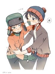 Rule 34 | beanie, black hair, black pants, blue eyes, blue hat, blush, covering another&#039;s mouth, gloves, green eyes, green gloves, hand over another&#039;s mouth, hat, highres, jacket, kyle broflovski, long sleeves, one eye closed, oniwa 028, open clothes, open jacket, orange hair, orange jacket, pants, pom pom (clothes), pom pom beanie, shirt, simple background, south park, spoken squiggle, squiggle, stan marsh, sweat, white background, yaoi