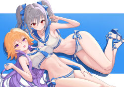 2girls bare_shoulders bikini blue_bow blue_neckerchief blue_sailor_collar blue_sandals bow breasts collarbone drill_hair grey_hair hair_between_eyes hair_bow hamahama highres idolmaster idolmaster_cinderella_girls kanzaki_ranko large_breasts long_hair lying medium_breasts multicolored_hair multiple_girls navel neckerchief ninomiya_asuka on_back on_side orange_hair purple_hair red_eyes sailor_collar sailor_swimsuit_(idolmaster) sandals swimsuit thighs twin_drills white_bikini