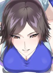1girl breasts brown_eyes brown_hair cleavage crop_top female_focus highres jacket kazama_asuka large_breasts looking_at_viewer mogi_yasunobu moginiki namco parted_lips short_hair sleeveless sleeveless_jacket smile solo sweatdrop teeth tekken tomboy