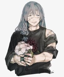 Rule 34 | 1boy, asymmetrical sleeves, black flower, black shirt, bouquet, cropped torso, cursed spirit (jujutsu kaisen), flower, grey hair, hair between eyes, heterochromia, highres, holding, holding bouquet, jujutsu kaisen, jujutsu tech uniform, leaf, long hair, looking to the side, mahito (jujutsu kaisen), male focus, mim (mimya0600), shirt, sideways glance, simple background, smile, solo, stitched arm, stitched face, stitches, tareme, teeth, white background, white flower