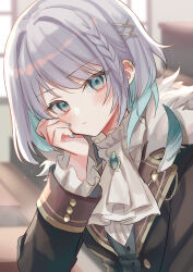 1girl ascot black_jacket blush closed_mouth commentary_request ear_piercing green_eyes grey_hair hair_ornament hand_on_own_cheek hand_on_own_face head_rest highres jacket long_sleeves looking_at_viewer open_clothes open_jacket original piercing short_hair solo suzaku_(zaku6584) upper_body white_ascot x_hair_ornament