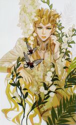 1boy absurdres bishounen blonde_hair bug butterfly cabbage-2012 chromatic_aberration cleavage_cutout clothing_cutout collared_jacket film_grain flower flower_request giorno_giovanna green_eyes highres insect jacket jojo_no_kimyou_na_bouken leaf long_hair male_focus pants parted_lips pectoral_cleavage pectorals solo symbolism upper_body vento_aureo very_long_hair victory_rolls white_background white_jacket yellow_lips
