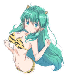 1girl animal_print bikini blush breasts cleavage collarbone commentary_request cone_horns green_eyes green_hair hair_between_eyes hand_up highres horns long_hair looking_at_viewer lum medium_breasts navel pointy_ears retsumaru simple_background sketch small_horns solo strapless strapless_bikini swimsuit tiger_panties tiger_print urusei_yatsura white_background