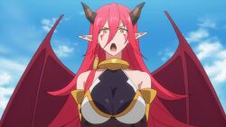 1girl animated anime_screenshot arnes bare_shoulders bouncing_breasts breasts cloud cloudy_sky demon_girl demon_horns demon_wings dragon_horns dragon_wings hair_between_eyes highres horns kono_subarashii_sekai_ni_shukufuku_wo! large_breasts long_hair markings pointy_ears red_hair serious sidelocks sky sleeveless slit_pupils solo striped_horns tagme talking video wings yellow_eyes