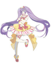 Rule 34 | 1girl, absurdres, aqua eyes, back bow, bare shoulders, bow, bow legwear, bowtie, collar, collarbone, commentary request, detached collar, detached sleeves, dress, footwear bow, frilled skirt, frilled thighhighs, frills, full body, hair bow, hair ornament, happy, heart, heart hair ornament, highres, holding, holding microphone, idol, leg up, long hair, manaka laala, mary janes, microphone, morgue (southsakura), music, musical note brooch, open mouth, pink bow, pink skirt, pleated skirt, pretty series, pripara, puffy short sleeves, puffy sleeves, purple hair, red bow, red bowtie, red shoes, shirt, shoes, short dress, short sleeves, simple background, singing, single stripe, skirt, sleeveless, sleeveless shirt, smile, solo, striped clothes, striped skirt, striped thighhighs, swept bangs, tareme, thighhighs, treble clef, twintails, two-tone bow, two-tone skirt, vertical-striped clothes, vertical-striped skirt, vertical-striped thighhighs, very long hair, waist bow, white background, white bow, white collar, white skirt, white sleeves, white thighhighs, wrist bow, yellow bow, yellow dress