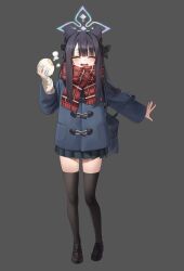 1girl alternate_costume animal_ears bag black_hair black_shoes black_thighhighs blue_archive bow chirang closed_eyes coat facing_viewer food food_on_face full_body grey_background hair_bow halo highres holding holding_food loafers long_hair long_sleeves open_mouth scarf school_bag school_uniform shoes shun_(blue_archive) shun_(small)_(blue_archive) simple_background skirt smile solo standing steamed_bun striped_clothes striped_scarf teeth thighhighs upper_teeth_only winter_clothes winter_coat zettai_ryouiki
