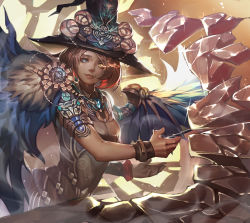 Rule 34 | 1girl, black hat, blue eyes, bracelet, brown hair, cape, female focus, food, glowing, glowing eye, hat, hat ornament, heterochromia, highres, jewelry, looking at viewer, meat, scissors, short hair, solo, standing, tollrin-senpai, wings, witch, witch hat, yellow eyes
