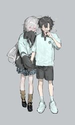 Rule 34 | 1boy, 1girl, black hair, black shorts, blush, closed eyes, full body, grey background, hair between eyes, highres, jacket, long hair, long sleeves, looking at viewer, original, plaid clothes, plaid skirt, pleated skirt, qyzhiaiyisheng, red eyes, shirt, shoes, short hair, short sleeves, shorts, skirt, sleepy, sleeves past fingers, sleeves past wrists, sneakers, socks, standing, white hair, yawning