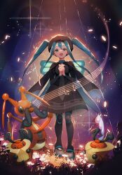 1girl :d bug_miku_(project_voltage) commentary dress evolutionary_line from_below gen_4_pokemon green_eyes green_hair hanenbo hat hatsune_miku highres interlocked_fingers kricketot kricketune long_hair long_sleeves musical_note musical_staff nintendo open_mouth own_hands_together pantyhose pokemon pokemon_(creature) project_voltage shoes sidelocks signature smile standing twintails very_long_hair vocaloid