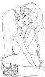 2boys absurdres blush bridget_(guilty_gear) dual_persona french_kiss from_side greyscale guilty_gear guilty_gear_strive guilty_gear_xx highres hood hood_up hooded_jacket jacket kaiman_garupan kiss leg_lock male_focus monochrome multiple_boys nipples nude nun open_mouth selfcest sex shoes sitting straddling tongue tongue_out trap upright_straddle yaoi