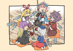 5girls alcohol black_dress blonde_hair blue_dress blue_kimono blush bottle brown_skirt cup dress eating food frills gradient_hair grey_hair hat hijiri_byakuren holding holding_bottle holding_cup inuno_rakugaki japanese_clothes kimono long_hair long_sleeves medium_hair mob_cap multicolored_hair multiple_girls noodles nurse_cap pink_hair purple_hair purple_tabard red_dress red_shirt red_skirt saigyouji_yuyuko seiza shirt short_sleeves sitting sitting_on_pillow skirt smile tabard touhou two-tone_dress two-tone_skirt veil very_long_hair white_dress yagokoro_eirin yakumo_yukari yasaka_kanako