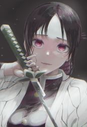Rule 34 | 1girl, artist request, black background, black hair, black jacket, commentary request, cosplay, gradient background, haori, highres, holding, holding sword, holding weapon, jacket, japanese clothes, kaguya-sama wa kokurasetai ~tensai-tachi no renai zunousen~, kimetsu no yaiba, kochou shinobu, kochou shinobu (cosplay), light particles, looking at viewer, parted bangs, parted lips, red eyes, red ribbon, ribbon, shinomiya kaguya, short hair, solo, sword, upper body, weapon
