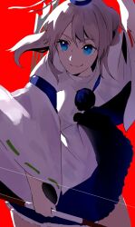 1girl arrow_(projectile) blue_eyes bow bow_(weapon) grey_hair hat highres holding holding_bow_(weapon) holding_weapon japanese_clothes kariginu long_hair long_sleeves mononobe_no_futo pom_pom_(clothes) ponytail red_background ribbon_trim roowen_taro simple_background skirt smile solo tate_eboshi tongue tongue_out touhou weapon wide_sleeves