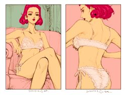 1girl adjusting_bra adjusting_clothes back beth_(veil) bra colored_eyelashes commentary commentary_request couch crossed_legs dated eyelashes eyeshadow frilled_bra frilled_panties frills hair_slicked_back kotteri looking_at_viewer looking_to_the_side makeup multiple_views on_couch panties pink_background pink_eyeshadow pink_hair pink_lips short_hair simple_background sitting underwear veil_(manga)