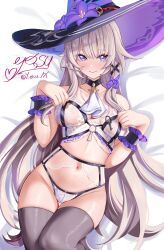 1girl absurdres ascot bed_sheet black_hat black_thighhighs blush bra brown_hair closed_mouth collarbone commentary frilled_wrist_cuffs frills hair_between_eyes hashtag-only_commentary hat herta_(honkai:_star_rail) highres honkai:_star_rail honkai_(series) long_hair looking_at_viewer lying navel on_back panties purple_eyes purple_hat signature simple_background smile solo stomach the_herta_(honkai:_star_rail) thighhighs twitter_username two-tone_hat underwear very_long_hair white_ascot witch_hat wrist_cuffs y_osu