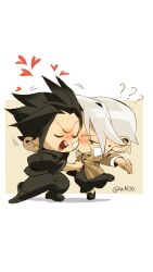 Rule 34 | 2boys, 4k1030, ?, ??, absurdres, bandaid, bandaid on cheek, bandaid on face, black boots, black hair, black jacket, black pants, blush, boots, border, brown jacket, chibi, chibi only, closed eyes, clothes grab, collared shirt, delinquent, final fantasy, final fantasy vii, final fantasy vii ever crisis, furrowed brow, gakuran, grey hair, highres, jacket, male focus, multiple boys, official alternate costume, open mouth, pants, parted bangs, school uniform, sephiroth, sephiroth (ever crisis), sephiroth (shinra private academy), shirt, shirt grab, sweater, twitter username, white border, white shirt, yellow sweater, zack fair (midgard seventh high school)