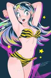 Rule 34 | animal print, armpits, arms behind head, arms up, bikini, breasts, cleavage, cone horns, eyelashes, highres, horns, long hair, looking at viewer, lum, muda rengou to ziggy stardust, navel, open mouth, pointy ears, print bikini, sidelocks, signature, star (symbol), swimsuit, teeth, tiger print, tongue, upper teeth only, urusei yatsura