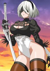 1girl 2b_(nier:automata) absurdres black_blindfold black_gloves black_hairband blindfold breasts brown_thighhighs cleavage cloud feather-trimmed_sleeves gloves gradient_sky hairband highleg highleg_leotard highres holding holding_sword holding_weapon juliet_sleeves katana leotard long_sleeves medium_breasts mole mole_under_mouth nier:automata nier_(series) orange_sky parted_lips puffy_sleeves sheath sheathed short_hair sky solo sword thighhighs thighs turtleneck weapon white_hair white_leotard yuuyuu_(3jjbn)