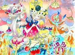 2girls ^_^ anno_moyoco bird blonde_hair blush cherry chocolat_meilleure closed_eyes commentary_request cupcake earrings food fruit half_updo hand_on_own_face highres holding holding_food jewelry multiple_girls puffy_short_sleeves puffy_sleeves short_sleeves sitting smile strawberry sugar_sugar_rune vanilla_mieux wide_sleeves