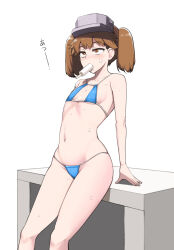 1girl alternate_costume arm_support bare_arms bare_shoulders bikini blue_bikini blush brown_eyes brown_hair cowboy_shot flat_chest food groin highres ippongui kantai_collection micro_bikini mouth_hold popsicle ryuujou_(kancolle) short_hair simple_background solo standing stomach string_bikini sweat swimsuit two_side_up white_background