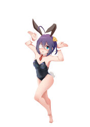 :o absurdres ahoge animal_ears bare_legs barefoot black_leotard blue_eyes blush breasts chuunibyou_demo_koi_ga_shitai! cleavage detached_collar eyepatch green_eyes hair_between_eyes highres leotard medical_eyepatch medium_breasts medium_hair necktie rabbit_ears rabbit_tail red_necktie seisen short_necktie simple_background solo tail takanashi_rikka white_background wrist_cuffs