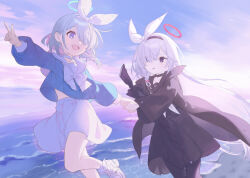 Rule 34 | 2girls, aqua hair, arona (blue archive), black choker, black coat, black pantyhose, black sailor collar, blue archive, blue eyes, blush, braid, choker, cloud, coat, grey hair, hair between eyes, hair over one eye, hairband, halo, holding, holding hands, long hair, long sleeves, multicolored hair, multiple girls, ocean, open clothes, open coat, open mouth, outdoors, pantyhose, parted lips, pink hair, plana (blue archive), sailor collar, shoes, short hair, side braid, skirt, sky, sneakers, tautiki, umbrella gun, very long hair, water, white choker, white sailor collar, white skirt