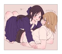 2girls amane_(7783) blonde_hair blush brown_eyes brown_hair brown_shorts commentary_request dress highres idolmaster idolmaster_cinderella_girls long_hair long_sleeves looking_at_another lying medium_hair multiple_girls on_back open_mouth parted_lips pink_background purple_dress purple_eyes shirt short_sleeves shorts simple_background smile sweat tachibana_arisu translation_request white_shirt yuri yuuki_haru