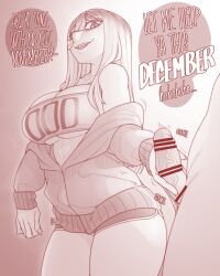 1boy 1girl bandeau breasts censored cleavage destroy_dick_december ekz_(robotekz) english_text erection handjob hetero highres jacket large_breasts long_hair looking_at_penis ms._ddd no_nut_november original penis sharp_teeth shorts signature sound_effects teeth underboob